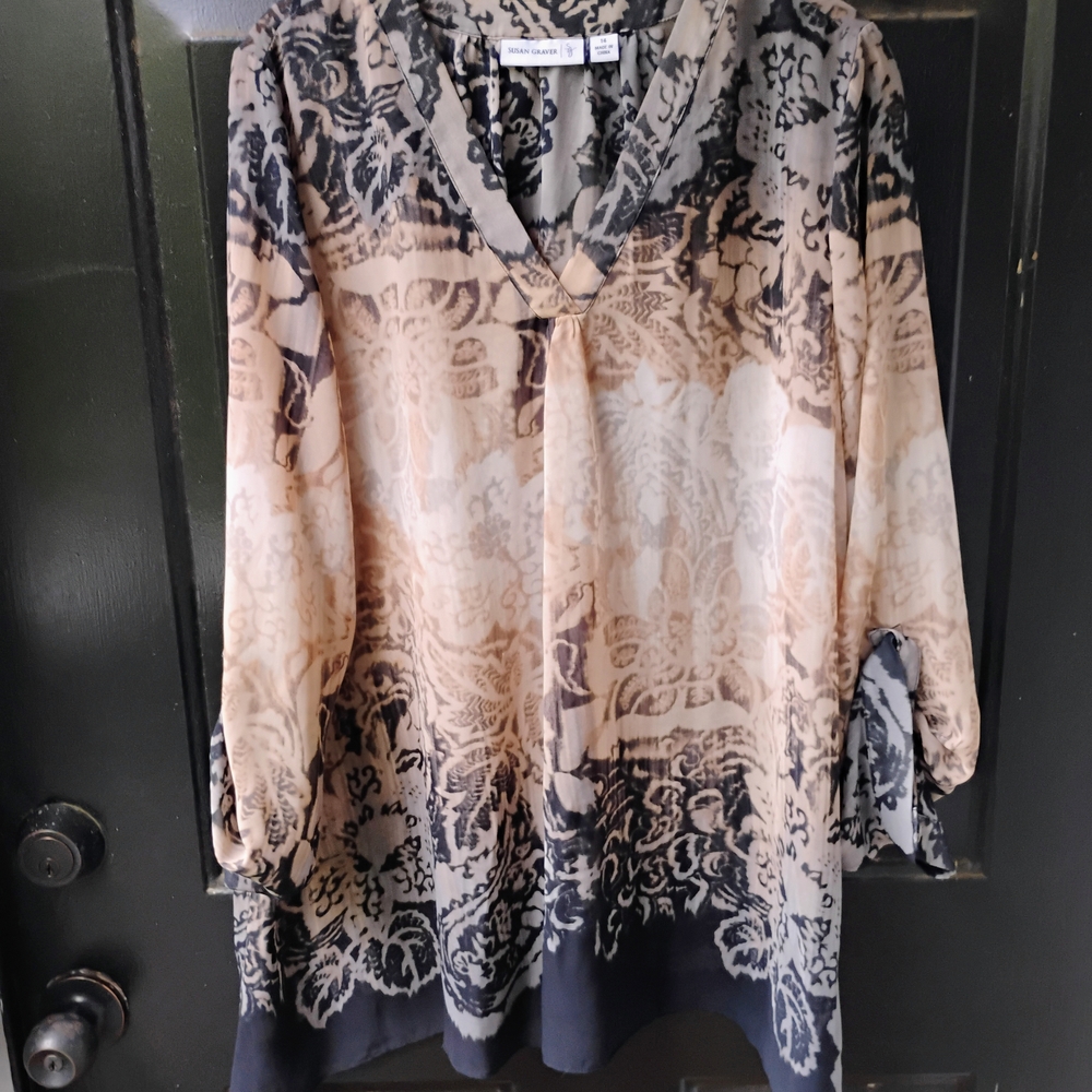 Susan Graver Sheer Flowy Chiffon Neutral Floral Blouse